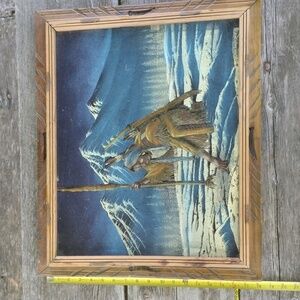 Velvet Indian Painting Vintage 1970's in original handcrafted wood frame